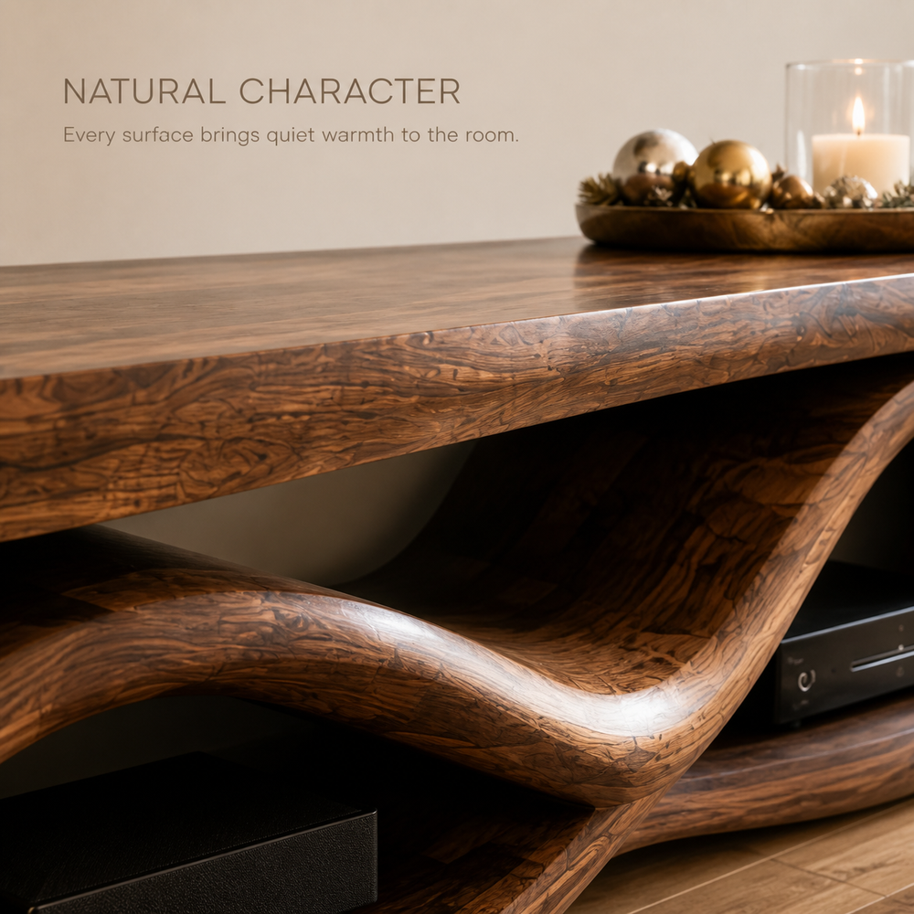 Seren Sculptural Solid Wood TV Stand - Design 070 - TV stand detail and styling view 04