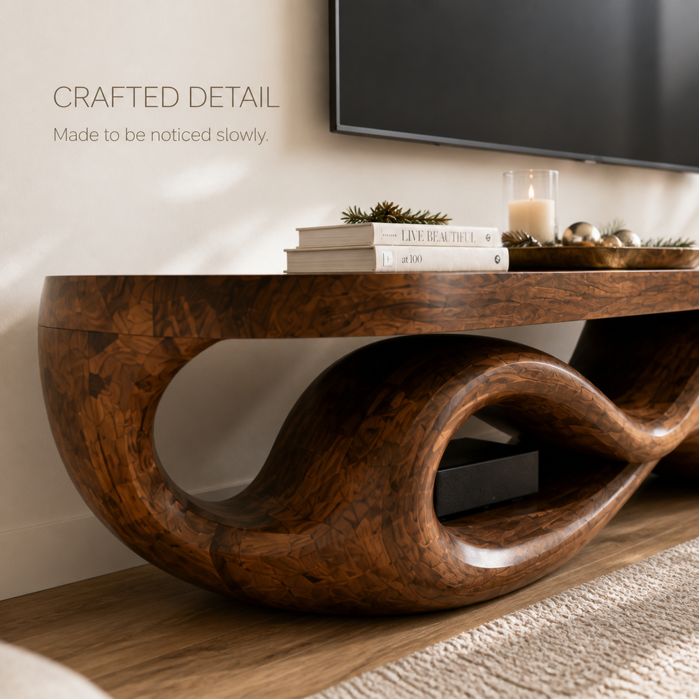 Seren Sculptural Solid Wood TV Stand - Design 070 - TV stand detail and styling view 05