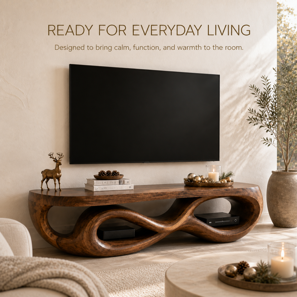 Seren Sculptural Solid Wood TV Stand - Design 070 - TV stand detail and styling view 06