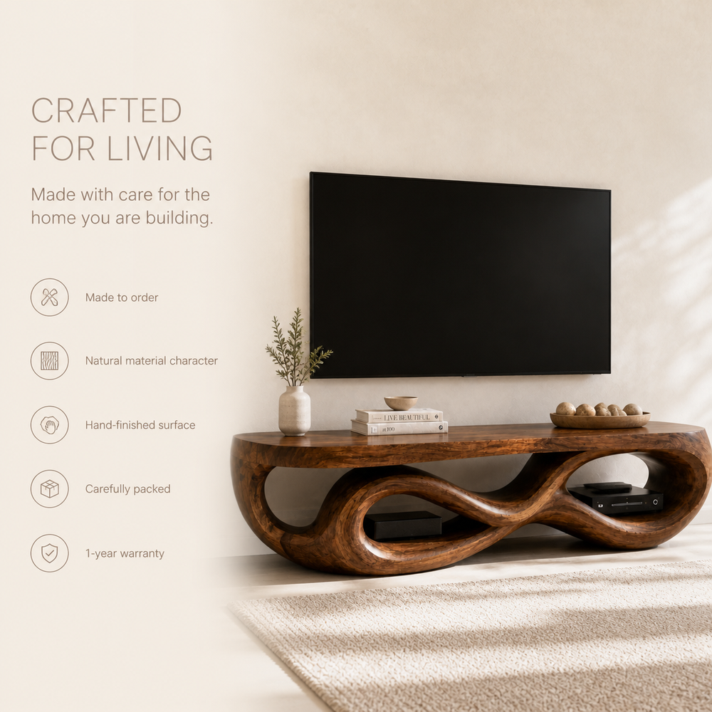 Seren Sculptural Solid Wood TV Stand - Design 070 - TV stand detail and styling view 08