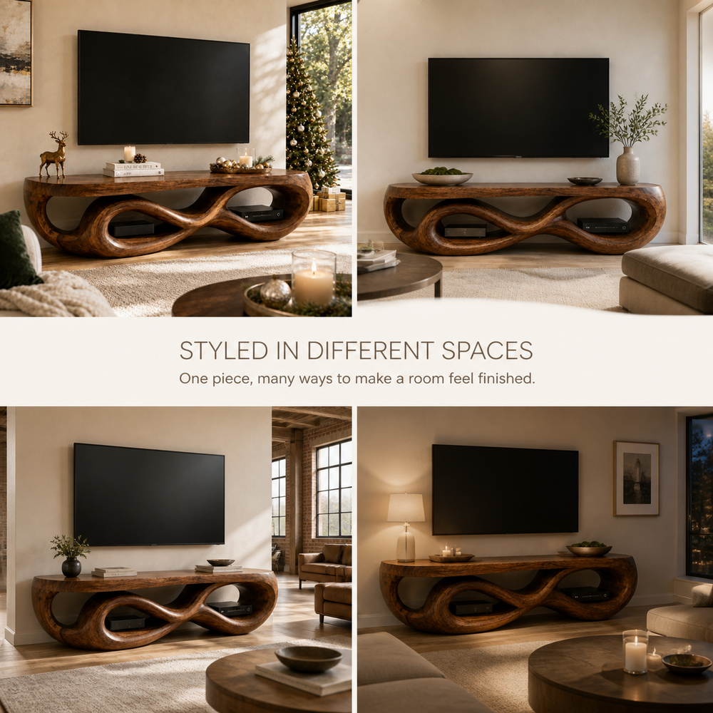 Seren Sculptural Solid Wood TV Stand - Design 070 - TV stand detail and styling view 09