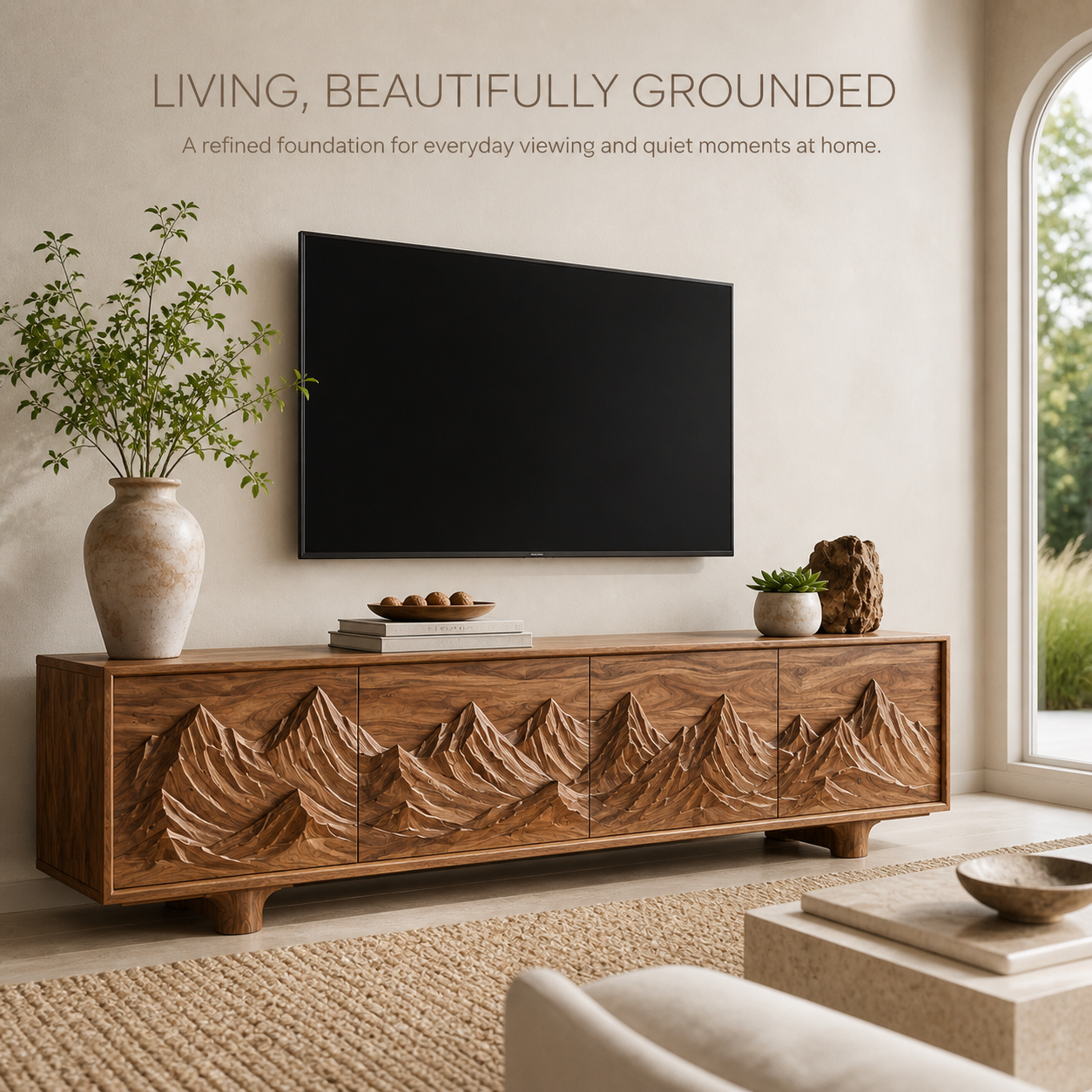 Lumen Sculptural Solid Wood TV Stand - Design 071 - TV stand detail and styling view 01