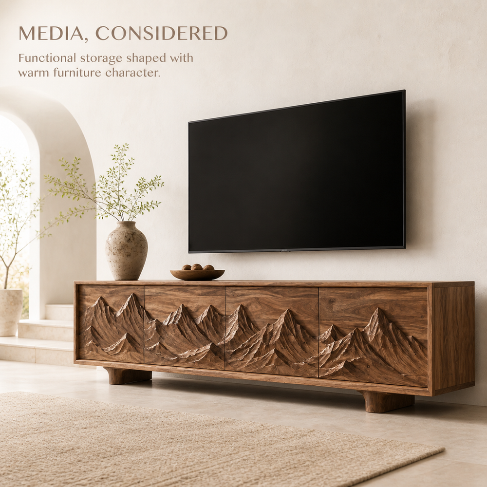 Lumen Sculptural Solid Wood TV Stand - Design 071 - TV stand detail and styling view 02