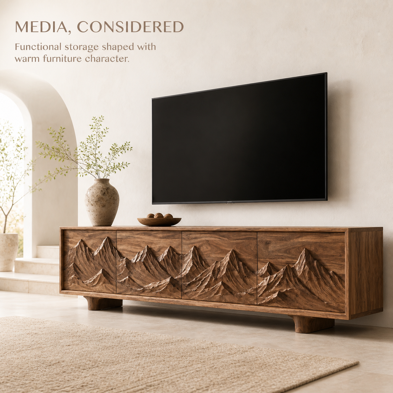 Lumen Sculptural Solid Wood TV Stand - Design 071 - TV stand detail and styling view 02