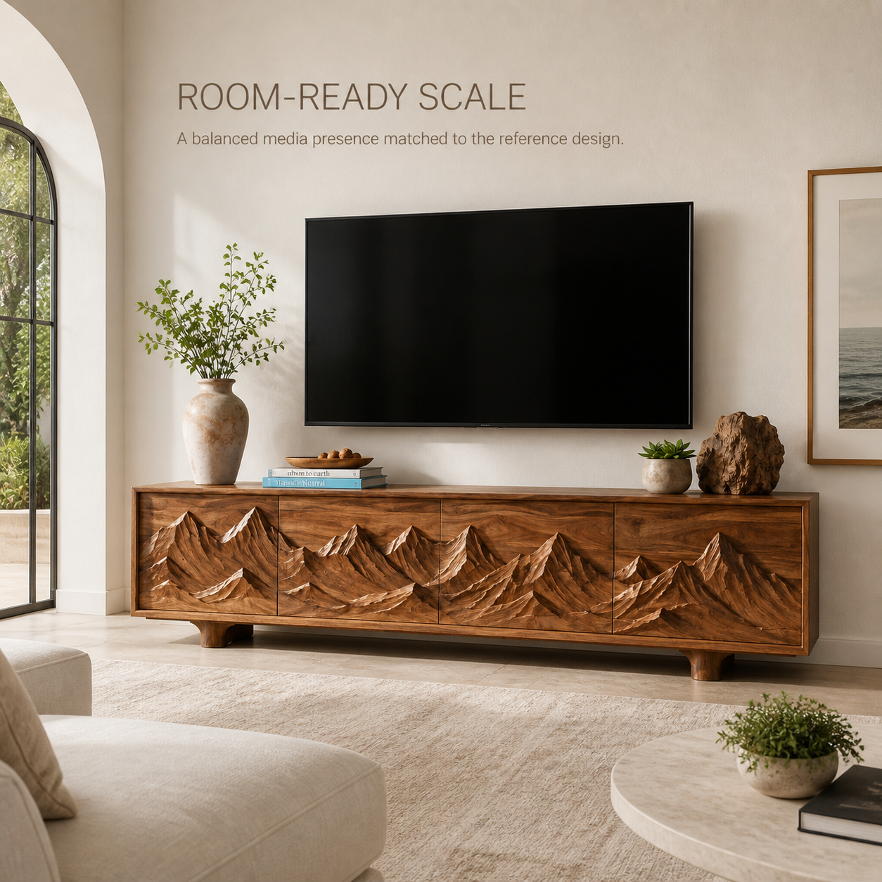 Lumen Sculptural Solid Wood TV Stand - Design 071 - TV stand detail and styling view 03