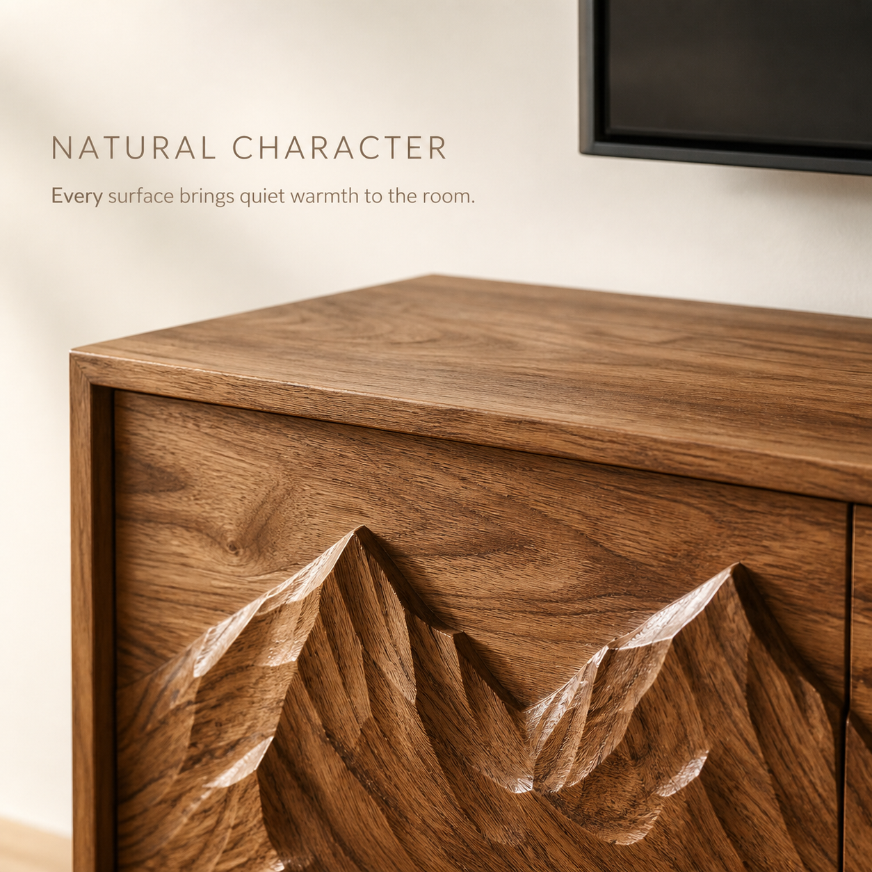 Lumen Sculptural Solid Wood TV Stand - Design 071 - TV stand detail and styling view 04