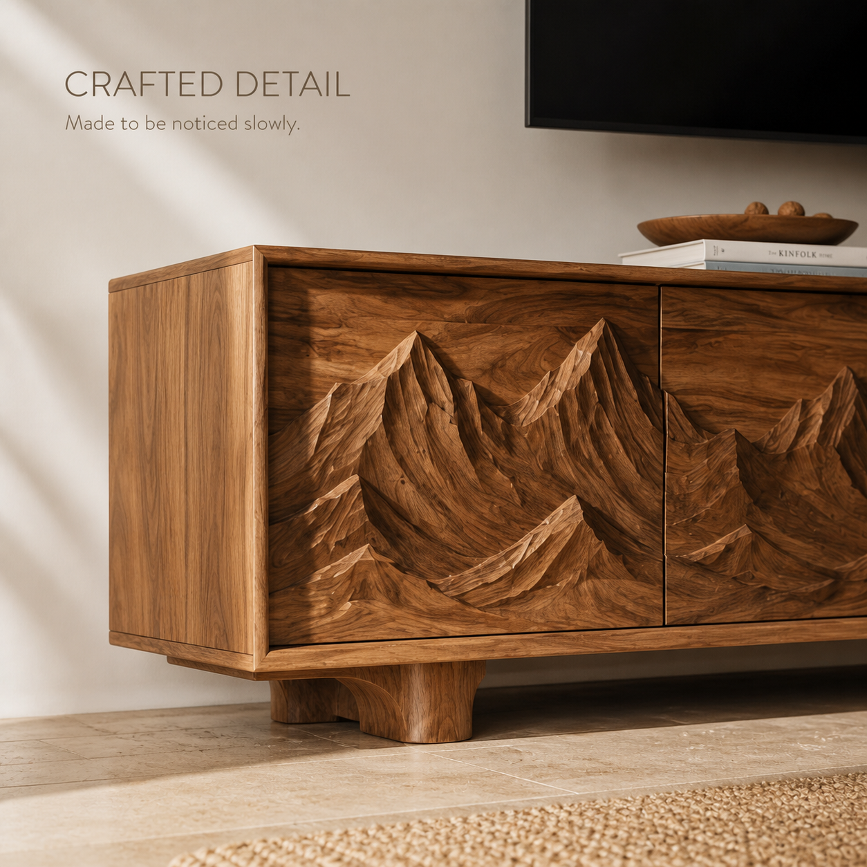 Lumen Sculptural Solid Wood TV Stand - Design 071 - TV stand detail and styling view 05