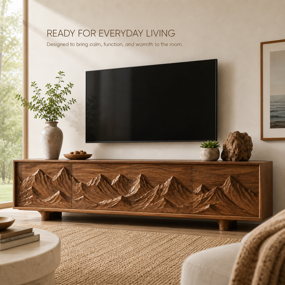 Lumen Sculptural Solid Wood TV Stand - Design 071 - TV stand detail and styling view 06