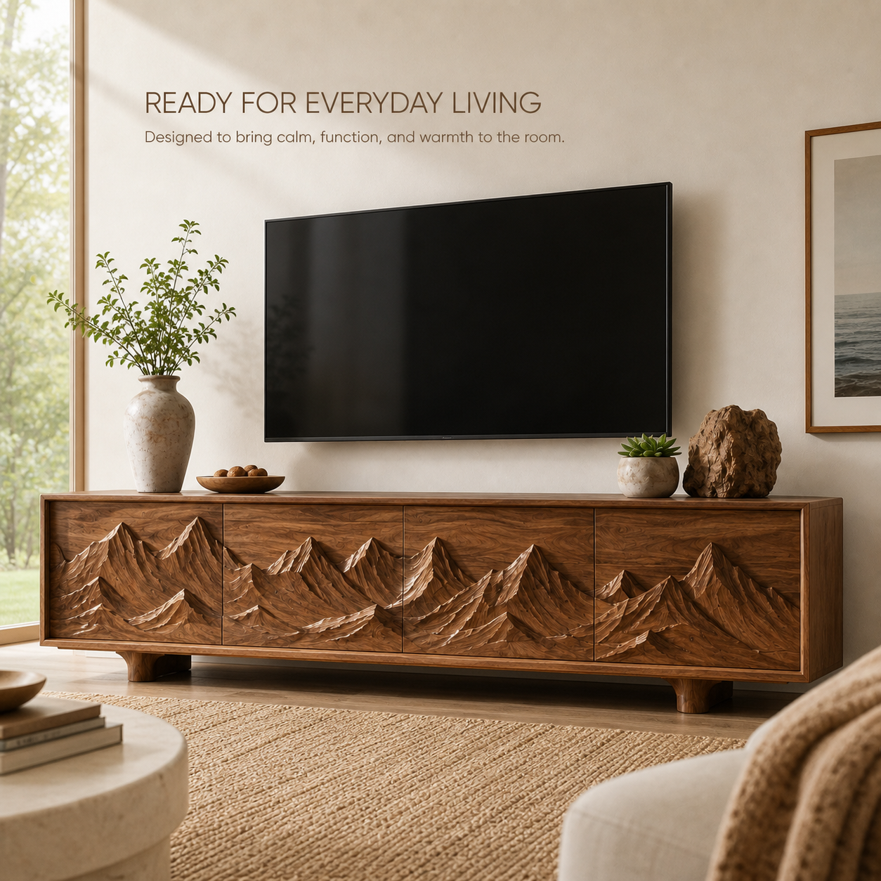 Lumen Sculptural Solid Wood TV Stand - Design 071 - TV stand detail and styling view 06