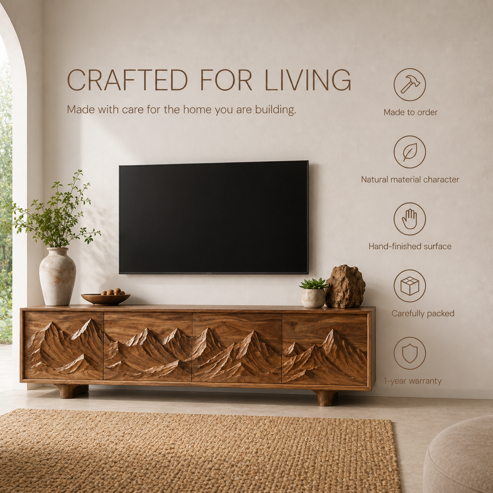 Lumen Sculptural Solid Wood TV Stand - Design 071 - TV stand detail and styling view 08