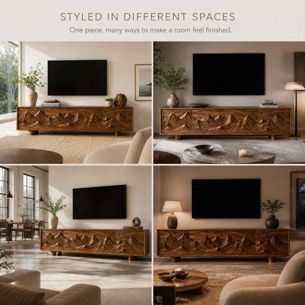 Lumen Sculptural Solid Wood TV Stand - Design 071 - TV stand detail and styling view 09