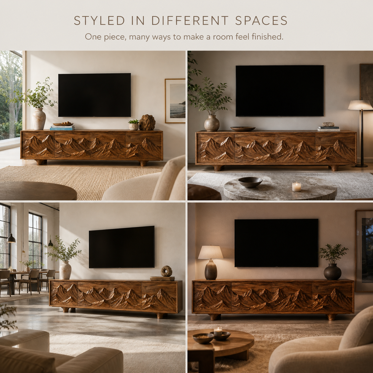 Lumen Sculptural Solid Wood TV Stand - Design 071 - TV stand detail and styling view 09