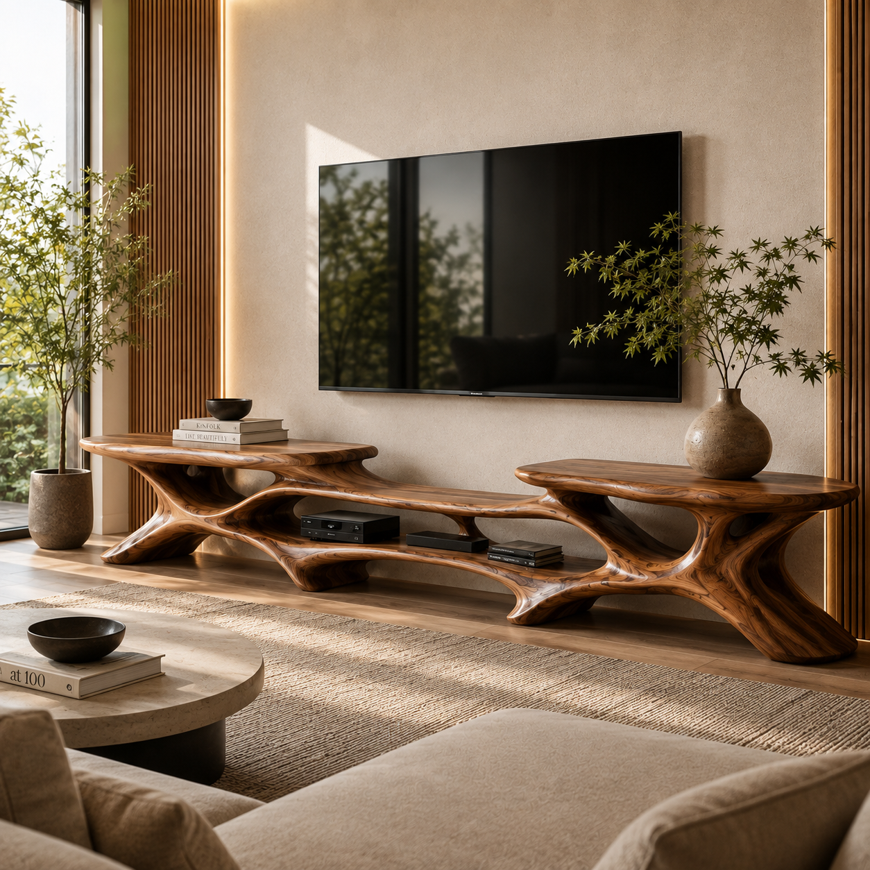 Aris Sculptural Solid Wood TV Stand - Design 072 - premium solid wood TV stand main lifestyle view