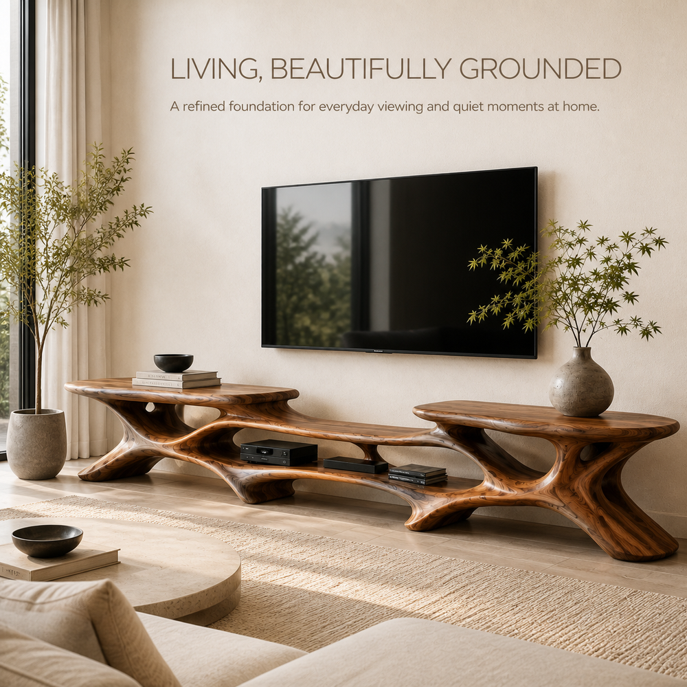Aris Sculptural Solid Wood TV Stand - Design 072 - TV stand detail and styling view 01