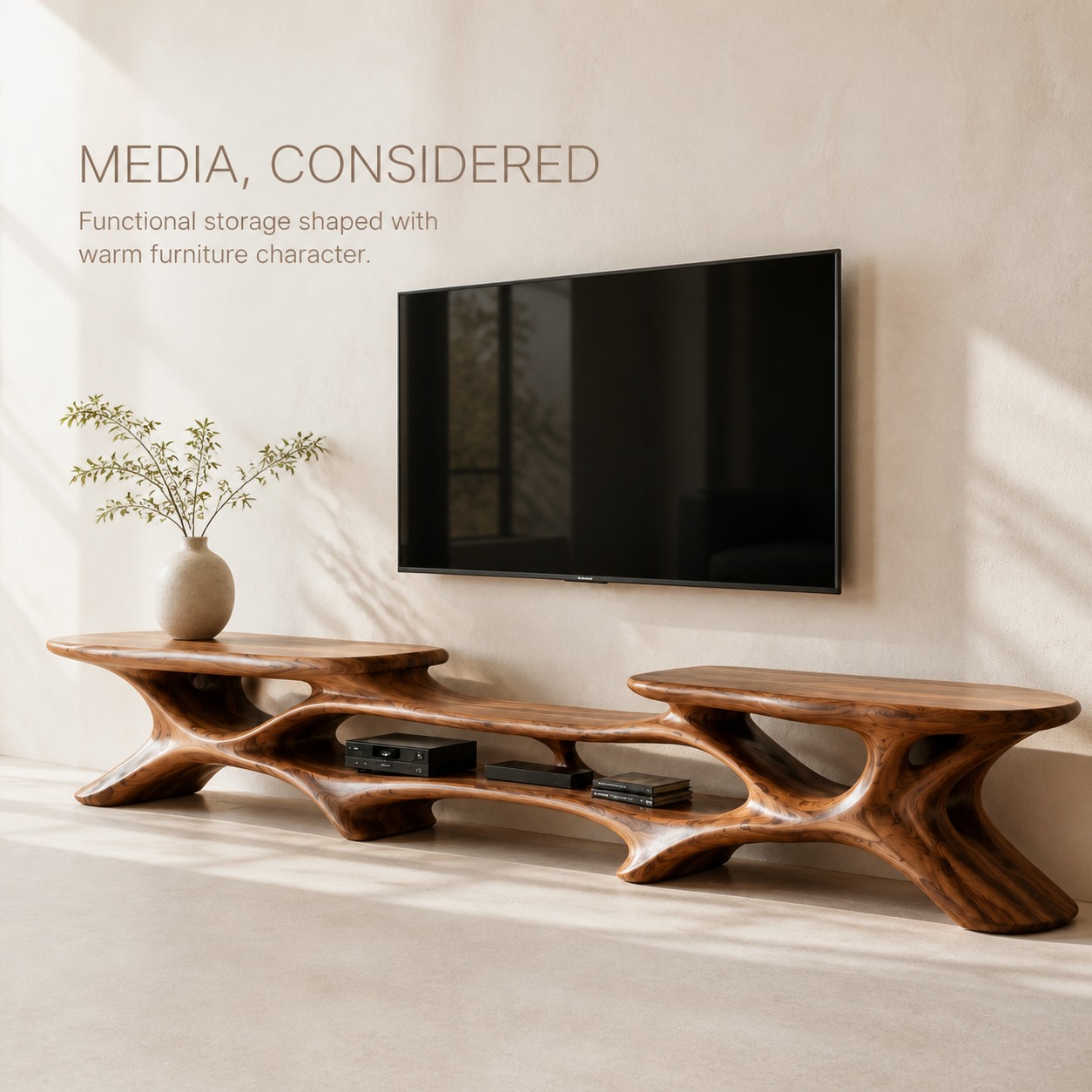 Aris Sculptural Solid Wood TV Stand - Design 072 - TV stand detail and styling view 02