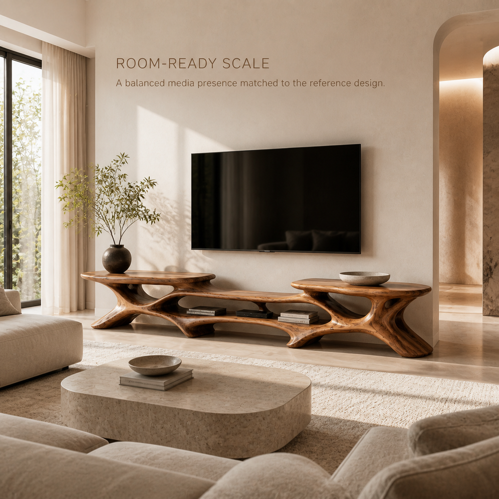 Aris Sculptural Solid Wood TV Stand - Design 072 - TV stand detail and styling view 03