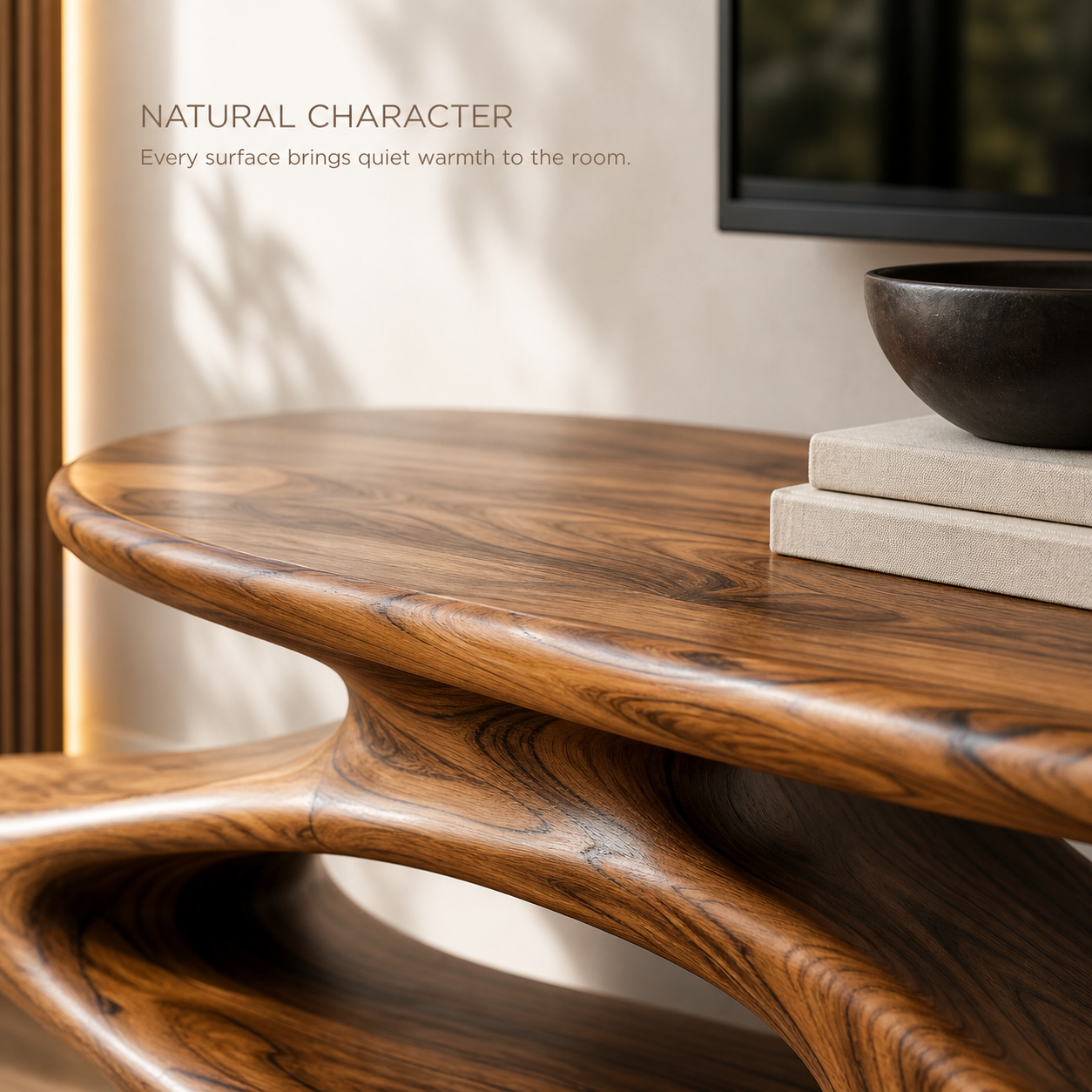 Aris Sculptural Solid Wood TV Stand - Design 072 - TV stand detail and styling view 04