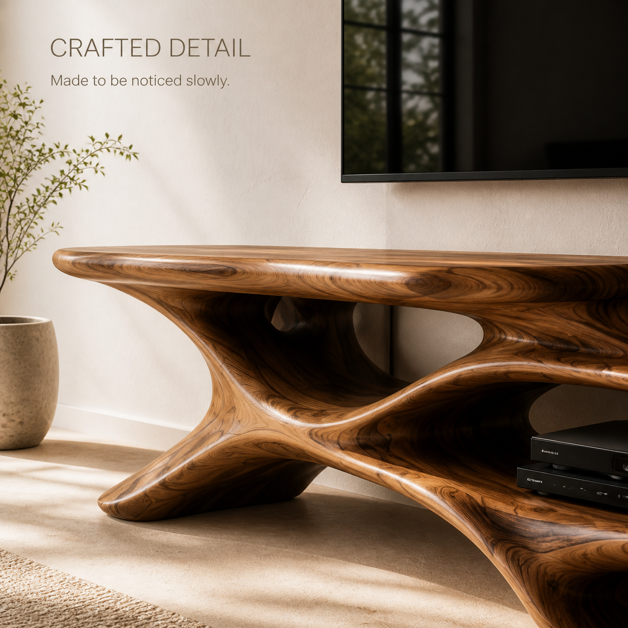 Aris Sculptural Solid Wood TV Stand - Design 072 - TV stand detail and styling view 05