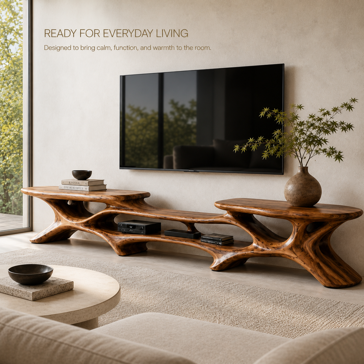 Aris Sculptural Solid Wood TV Stand - Design 072 - TV stand detail and styling view 06