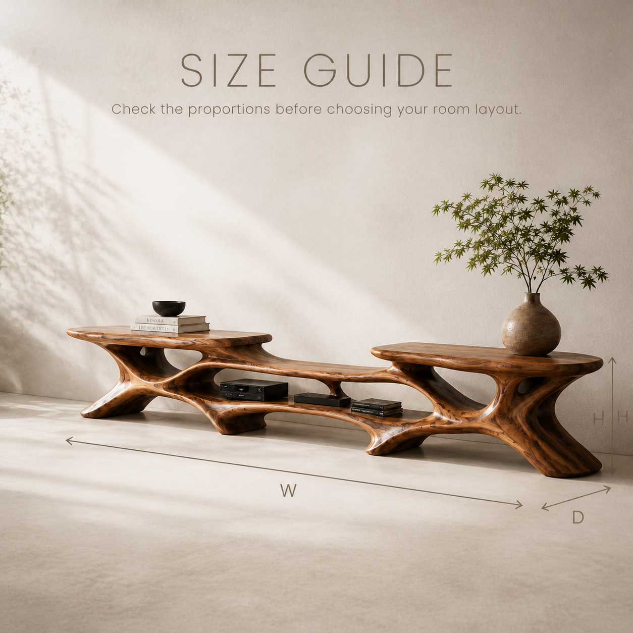 Aris Sculptural Solid Wood TV Stand - Design 072 - TV stand detail and styling view 07