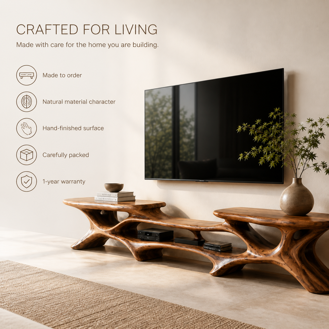 Aris Sculptural Solid Wood TV Stand - Design 072 - TV stand detail and styling view 08