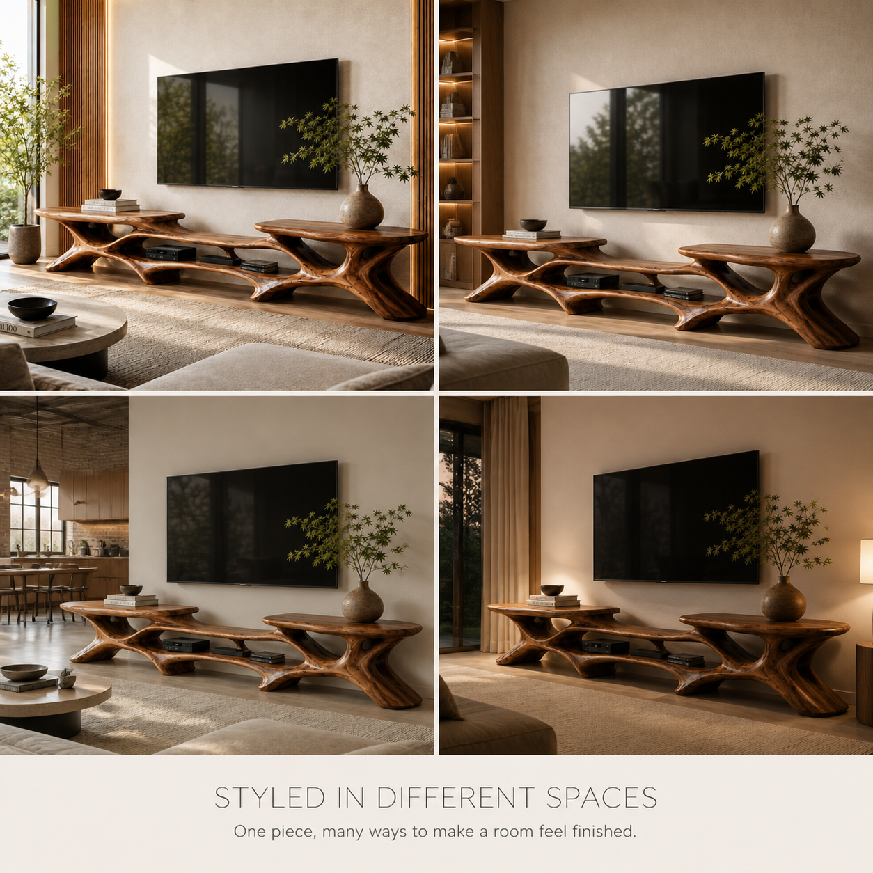 Aris Sculptural Solid Wood TV Stand - Design 072 - TV stand detail and styling view 09
