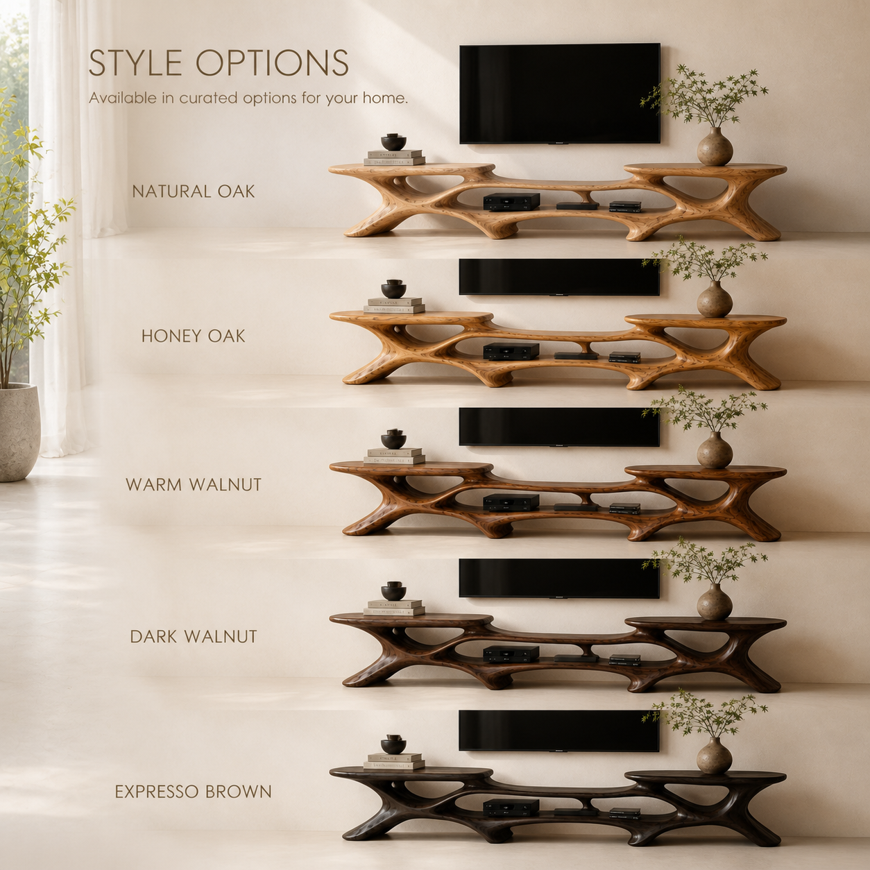 Aris Sculptural Solid Wood TV Stand - Design 072 - TV stand detail and styling view 10