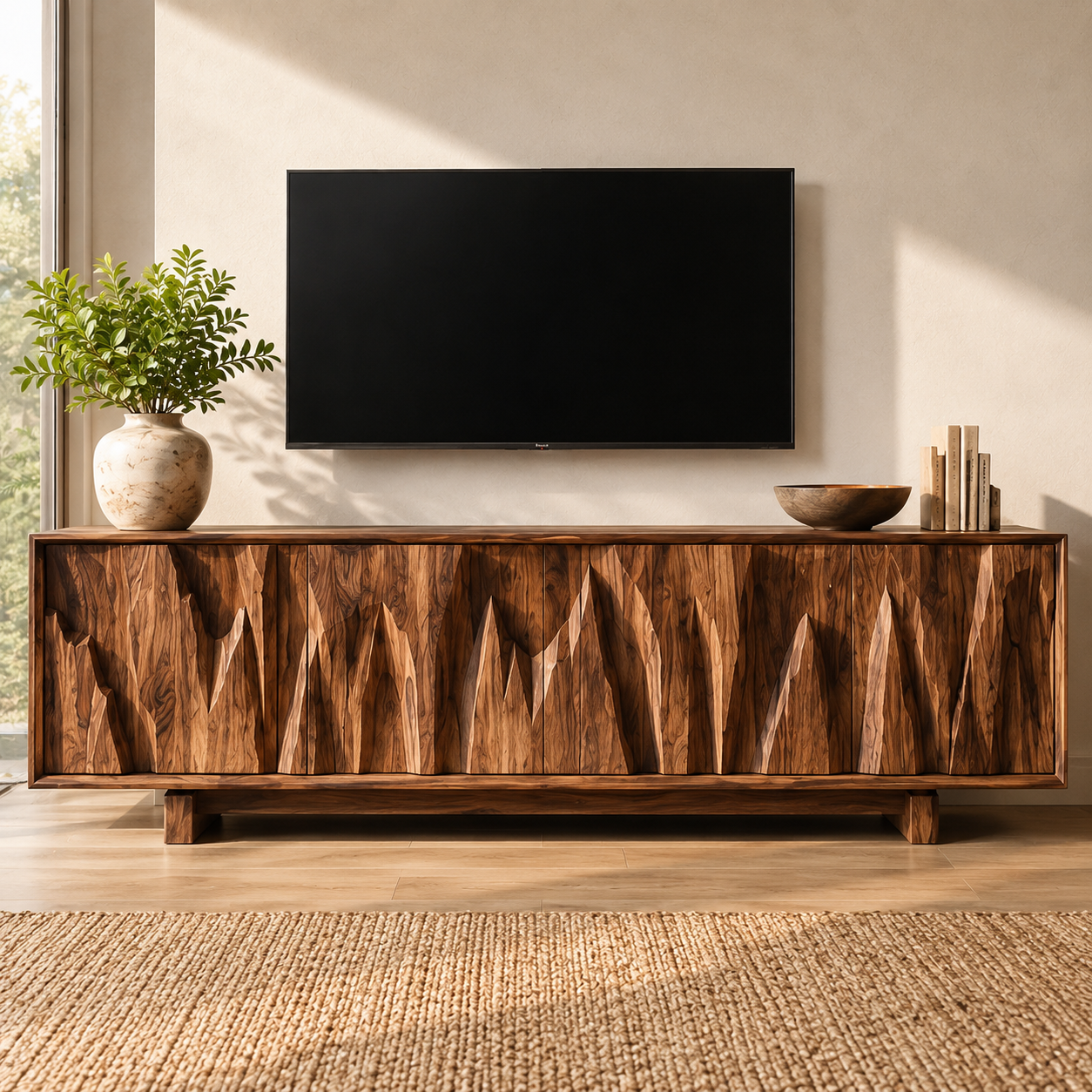Vela Sculptural Solid Wood TV Stand - Design 073 - premium solid wood TV stand main lifestyle view