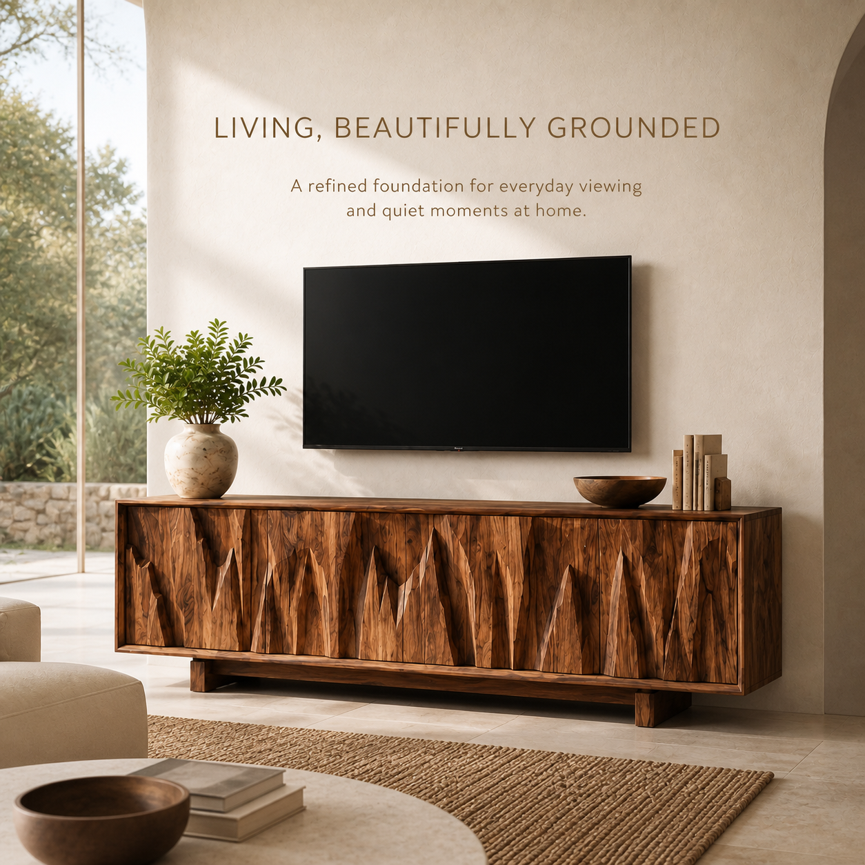 Vela Sculptural Solid Wood TV Stand - Design 073 - TV stand detail and styling view 01
