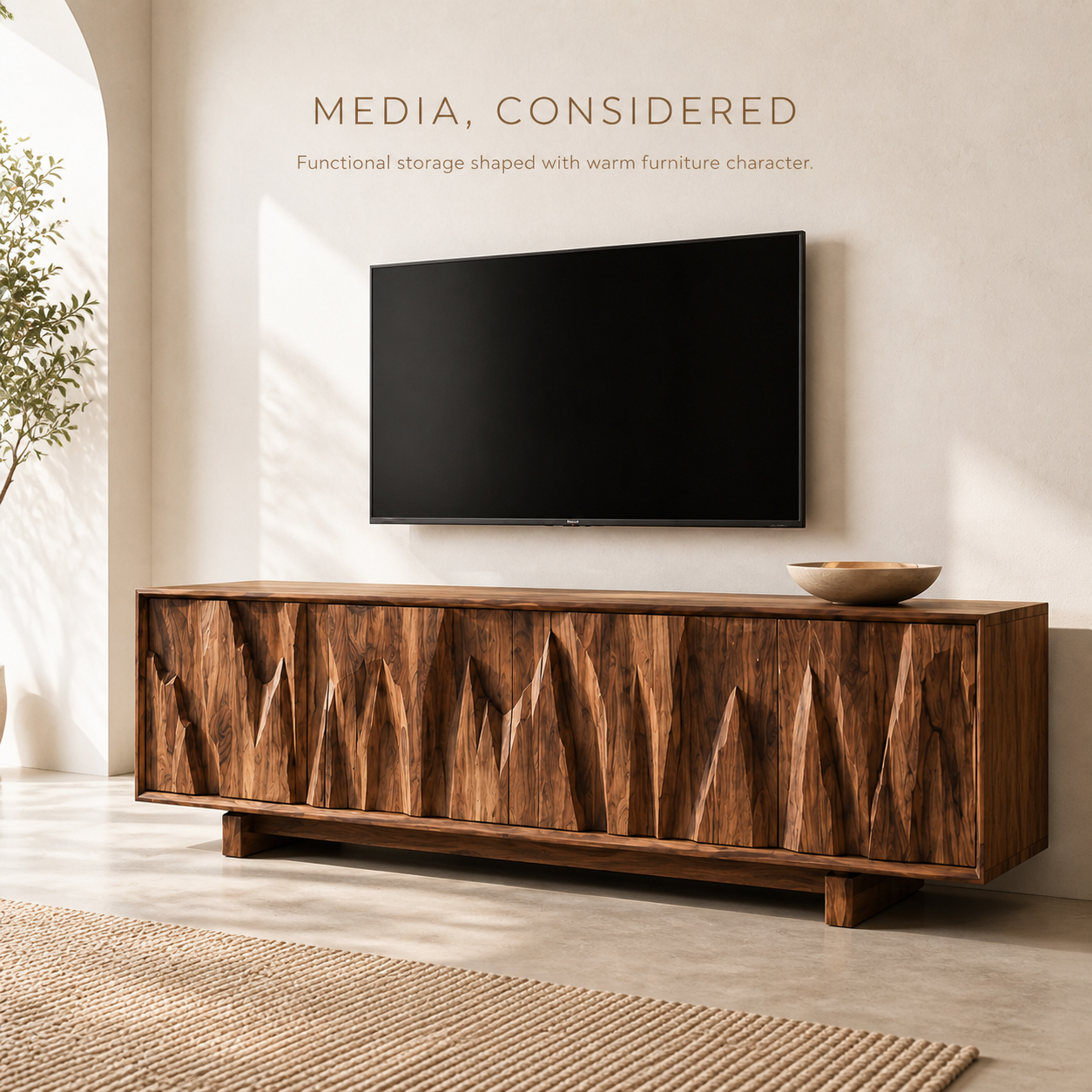 Vela Sculptural Solid Wood TV Stand - Design 073 - TV stand detail and styling view 02