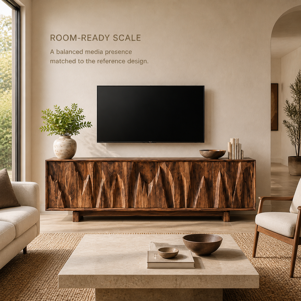 Vela Sculptural Solid Wood TV Stand - Design 073 - TV stand detail and styling view 03