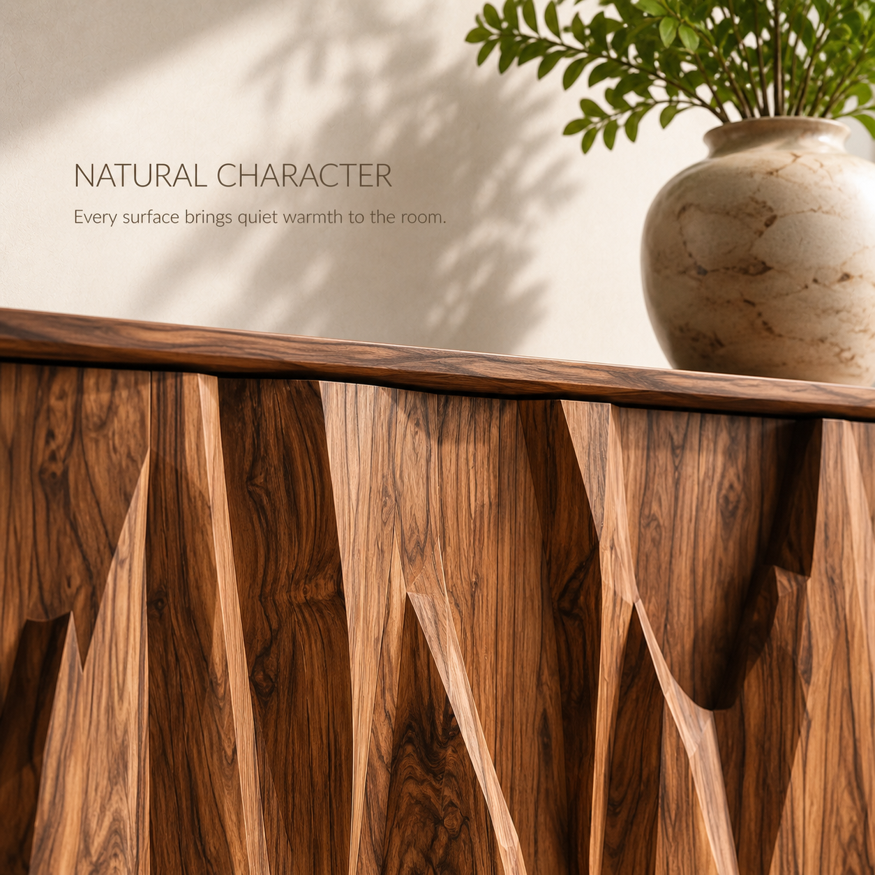 Vela Sculptural Solid Wood TV Stand - Design 073 - TV stand detail and styling view 04
