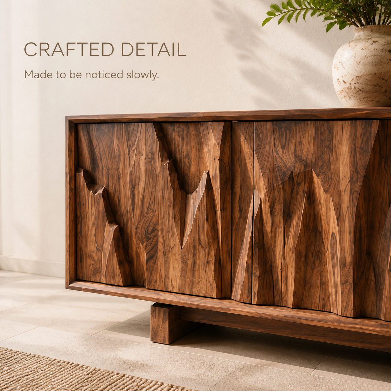 Vela Sculptural Solid Wood TV Stand - Design 073 - TV stand detail and styling view 05