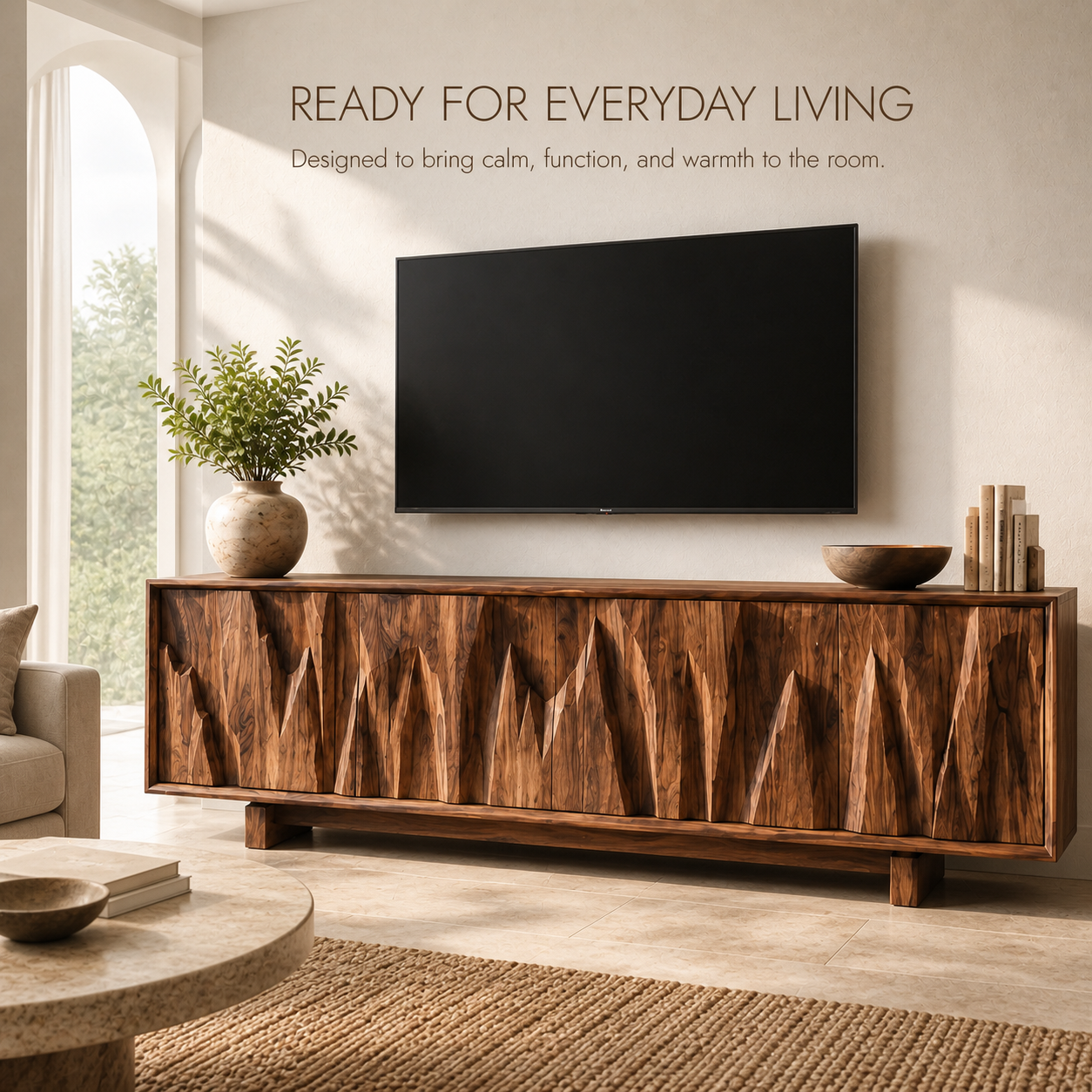 Vela Sculptural Solid Wood TV Stand - Design 073 - TV stand detail and styling view 06