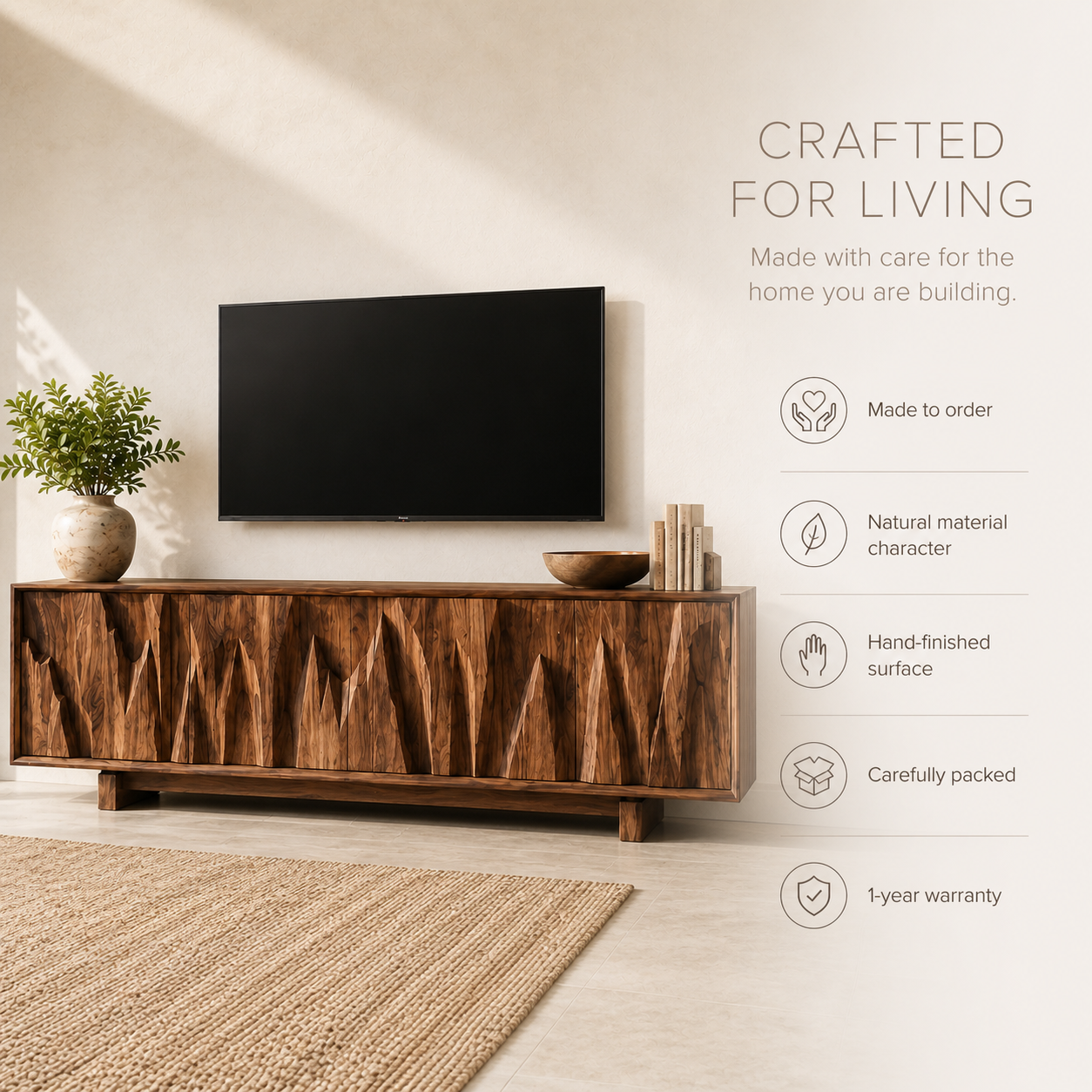 Vela Sculptural Solid Wood TV Stand - Design 073 - TV stand detail and styling view 08