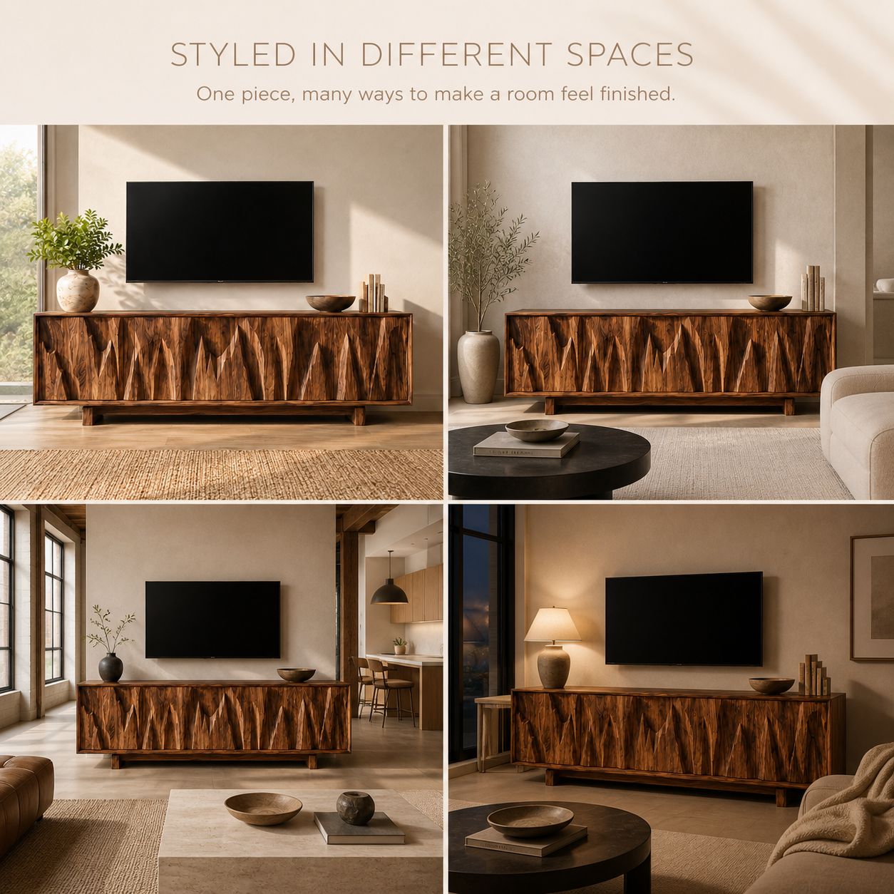 Vela Sculptural Solid Wood TV Stand - Design 073 - TV stand detail and styling view 09