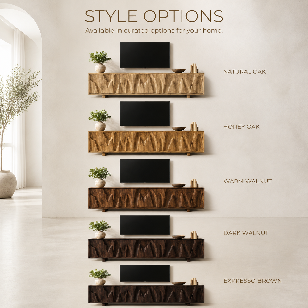 Vela Sculptural Solid Wood TV Stand - Design 073 - TV stand detail and styling view 10