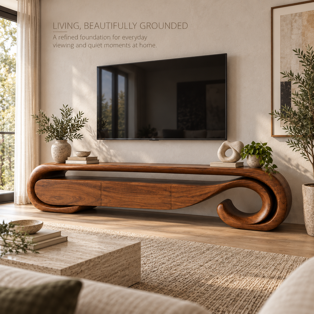 Aurelle Sculptural Solid Wood TV Stand - Design 074 - main lifestyle view