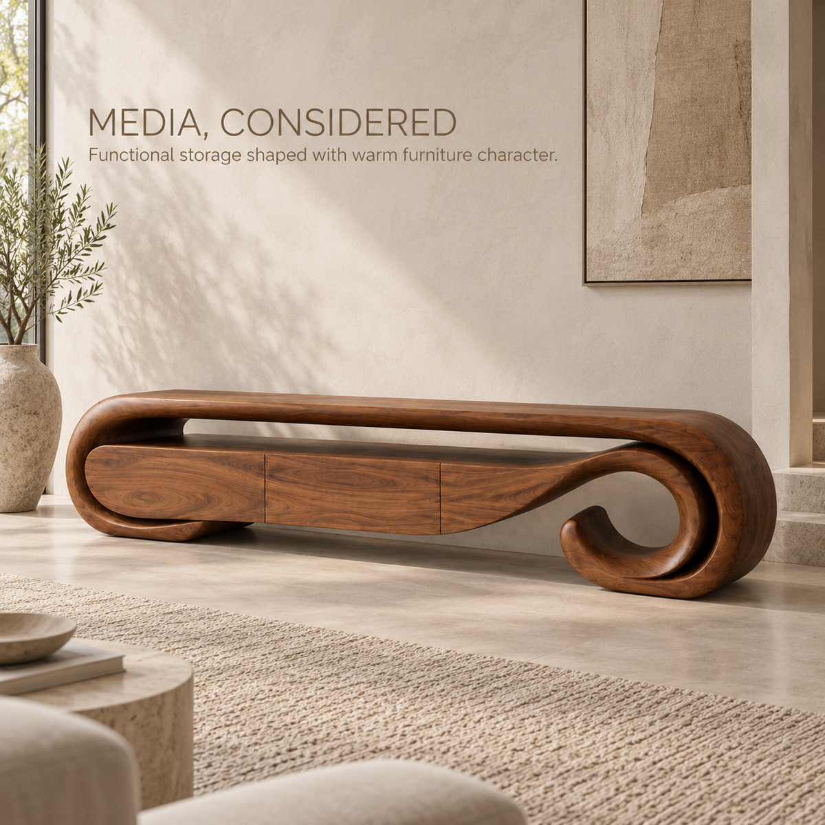 Aurelle Sculptural Solid Wood TV Stand - Design 074 - product detail and styling view 2