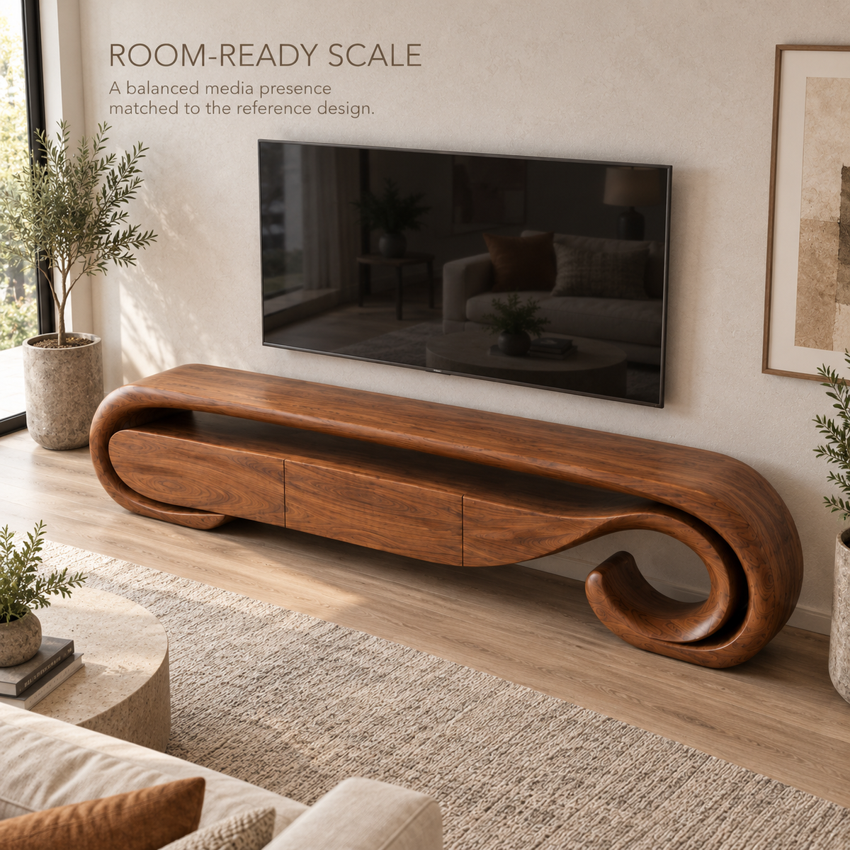 Aurelle Sculptural Solid Wood TV Stand - Design 074 - product detail and styling view 3