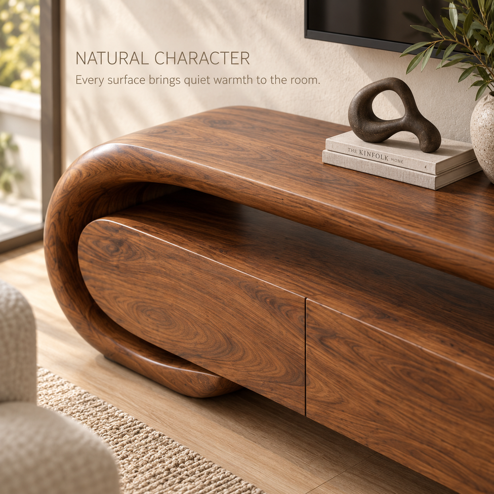 Aurelle Sculptural Solid Wood TV Stand - Design 074 - product detail and styling view 4