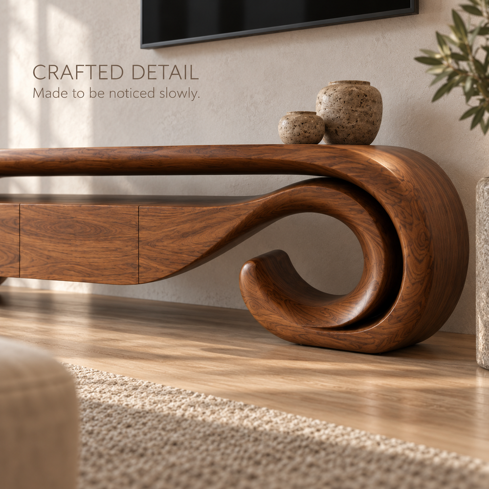 Aurelle Sculptural Solid Wood TV Stand - Design 074 - product detail and styling view 5