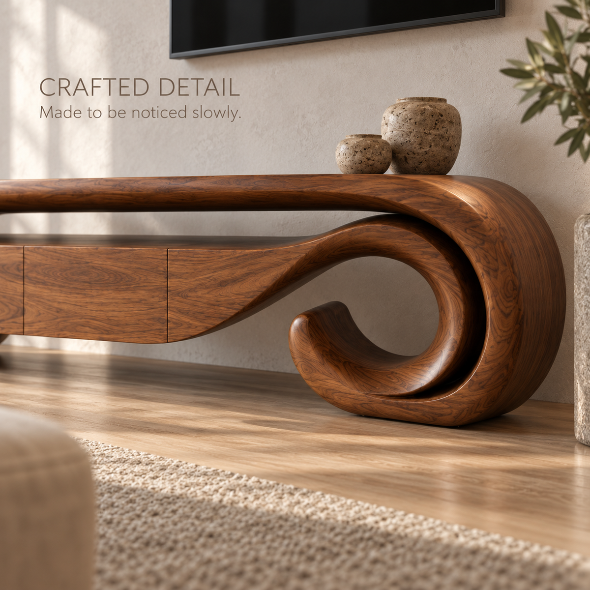 Aurelle Sculptural Solid Wood TV Stand - Design 074 - product detail and styling view 5