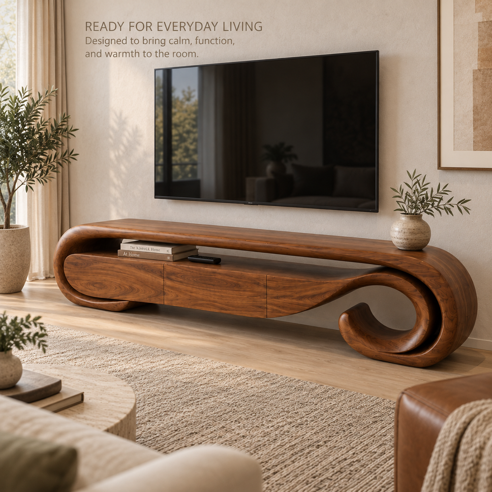 Aurelle Sculptural Solid Wood TV Stand - Design 074 - product detail and styling view 6