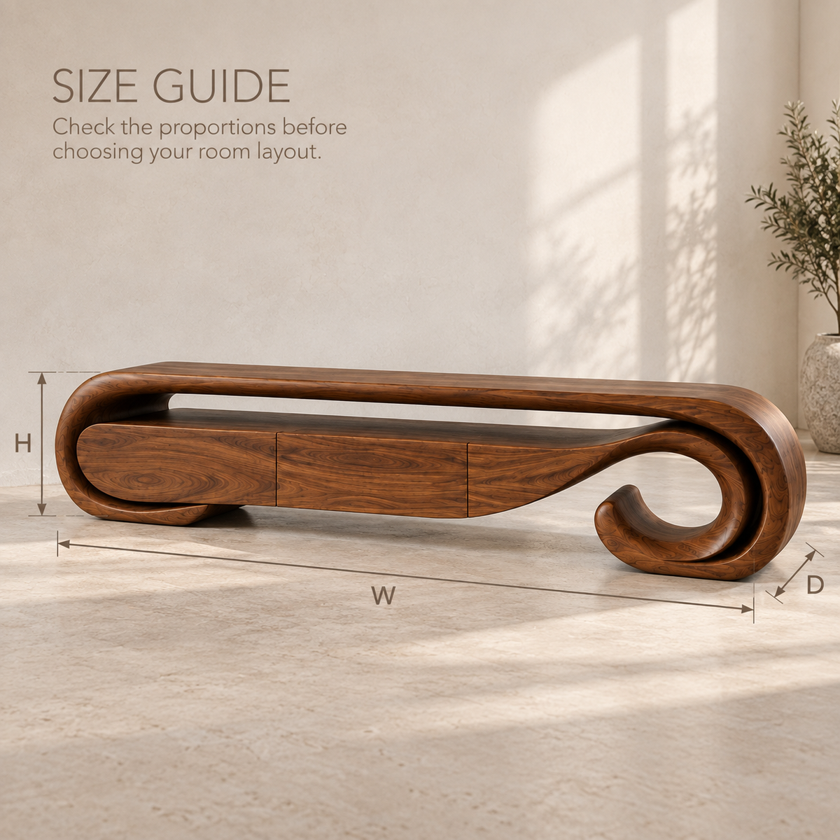 Aurelle Sculptural Solid Wood TV Stand - Design 074 - product detail and styling view 7