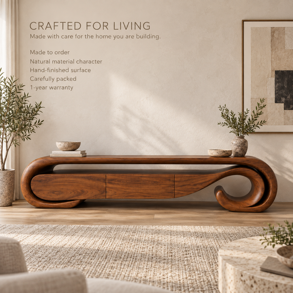 Aurelle Sculptural Solid Wood TV Stand - Design 074 - product detail and styling view 8