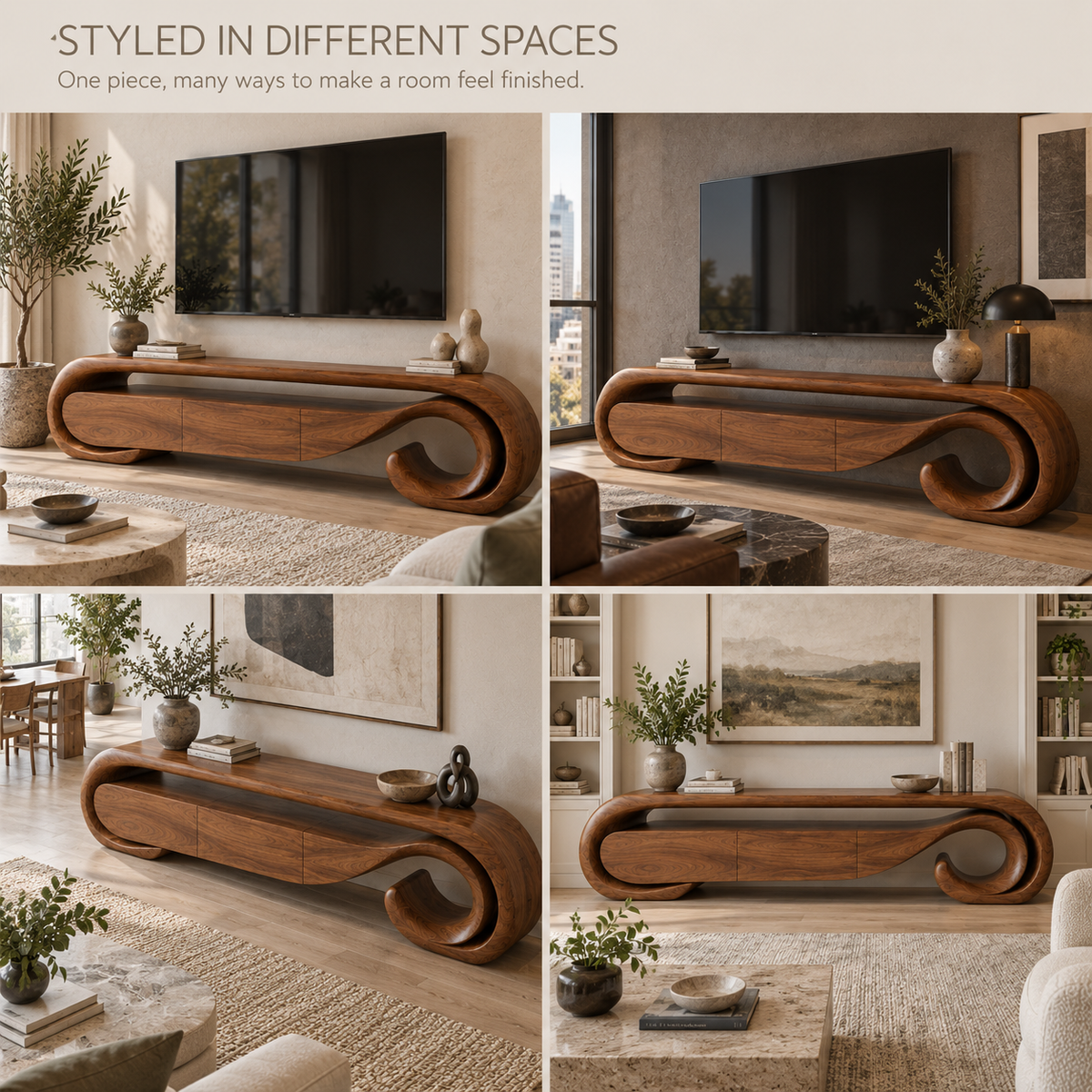 Aurelle Sculptural Solid Wood TV Stand - Design 074 - product detail and styling view 9