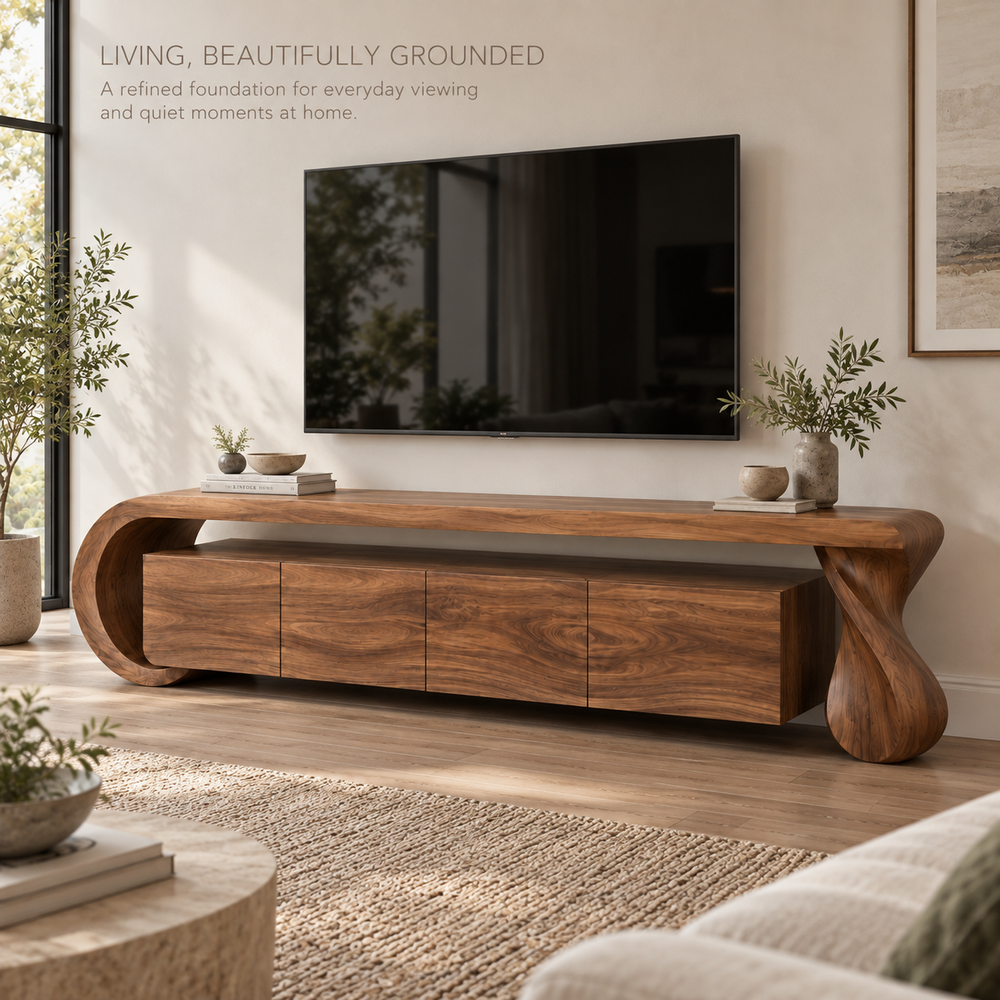 Arden Sculptural Solid Wood TV Stand - Design 075 - main lifestyle view