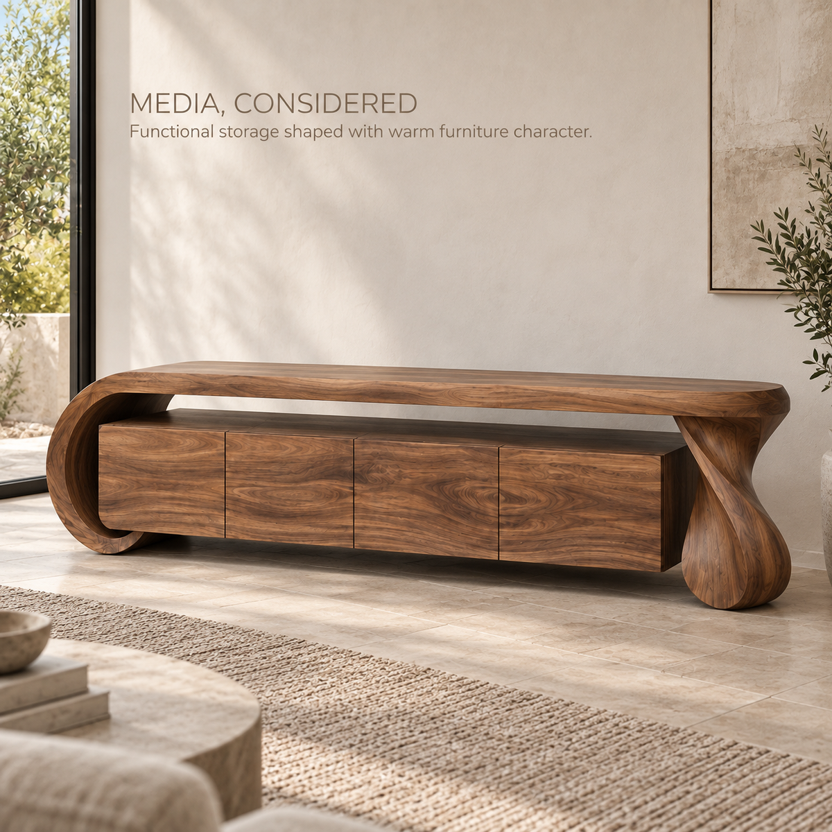 Arden Sculptural Solid Wood TV Stand - Design 075 - product detail and styling view 2