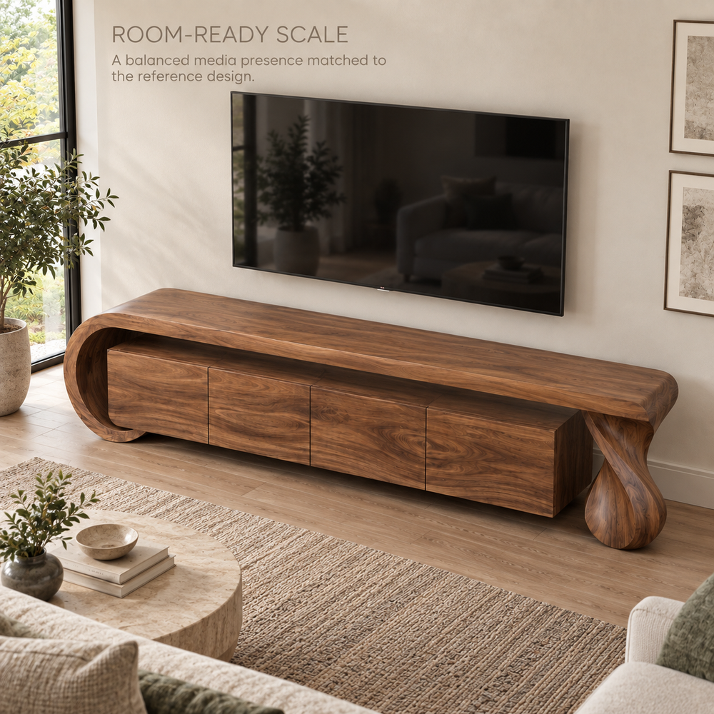 Arden Sculptural Solid Wood TV Stand - Design 075 - product detail and styling view 3